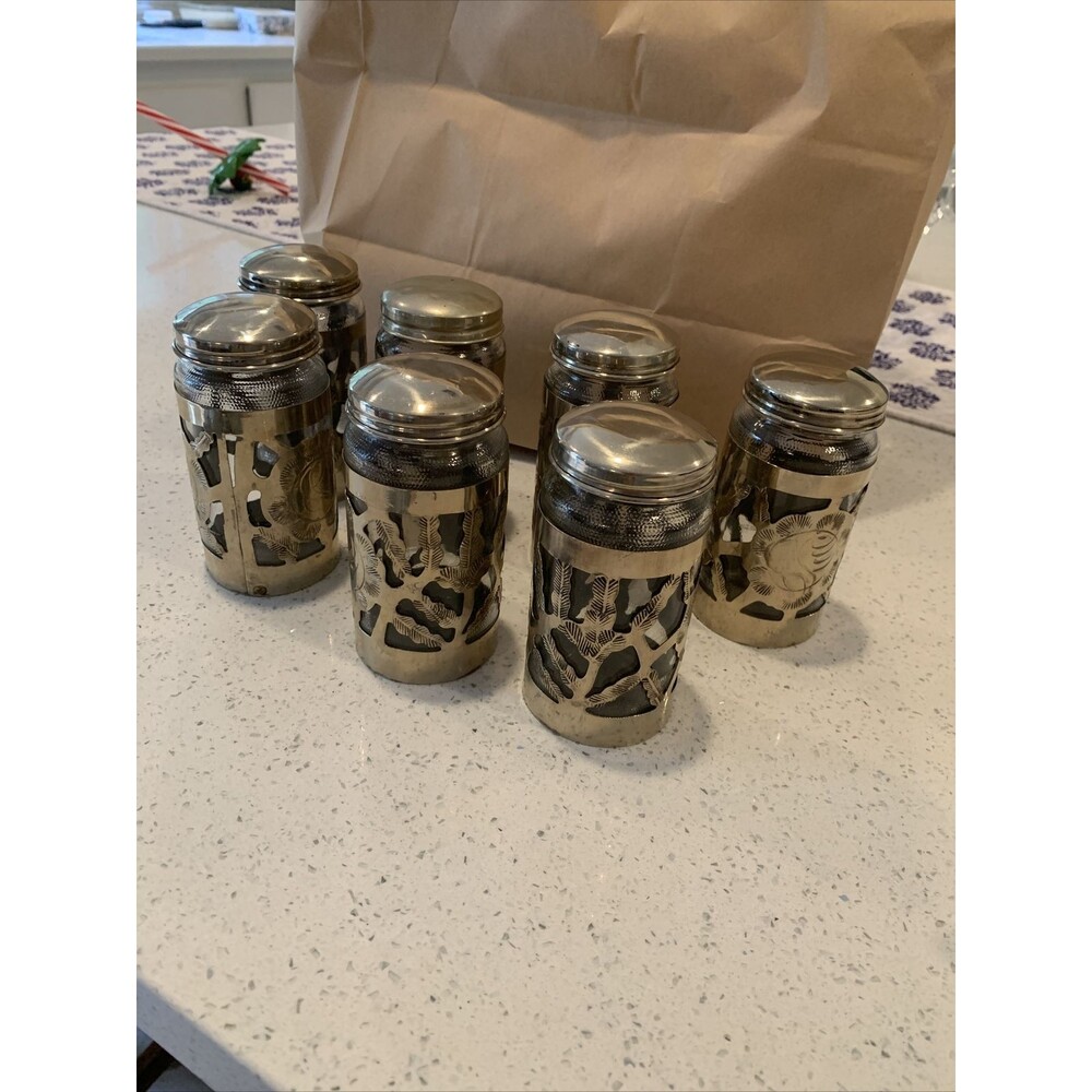 Vintage M SilverPlate Spice Jars, Detailed Silver Work, Glass Inserts Set of 7